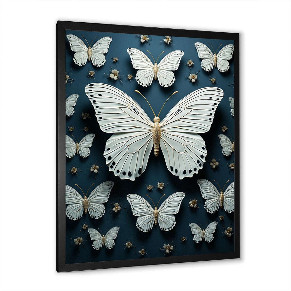 Designart "White Black Butterfly Fluttering Wings Butterflies" Animals Butterfly Framed Wall Decor