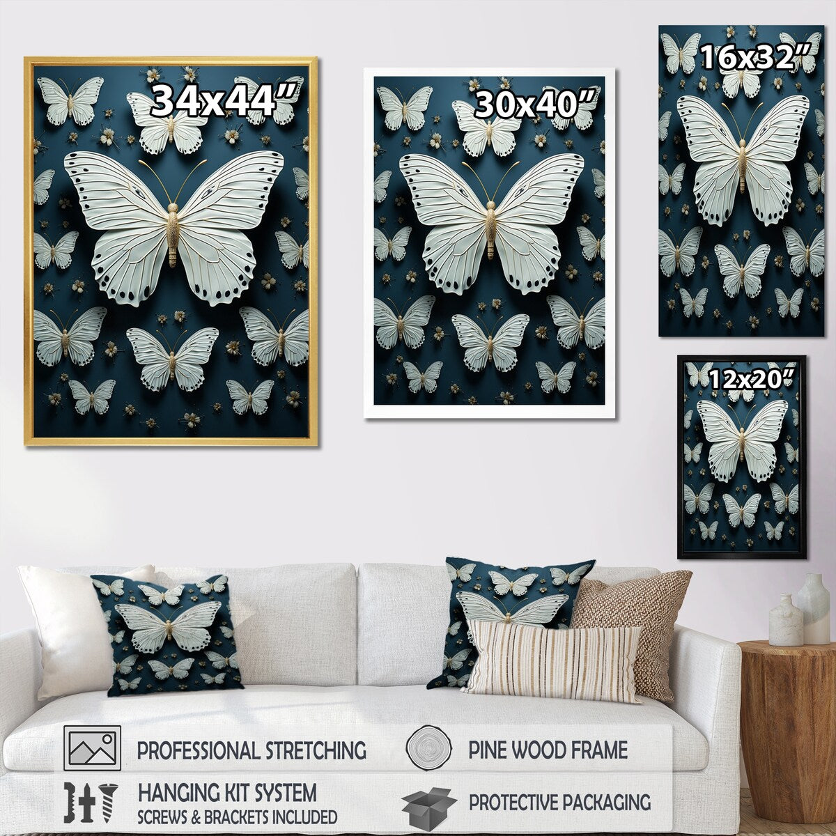 Designart "White Black Butterfly Fluttering Wings Butterflies" Animals Butterfly Framed Wall Decor