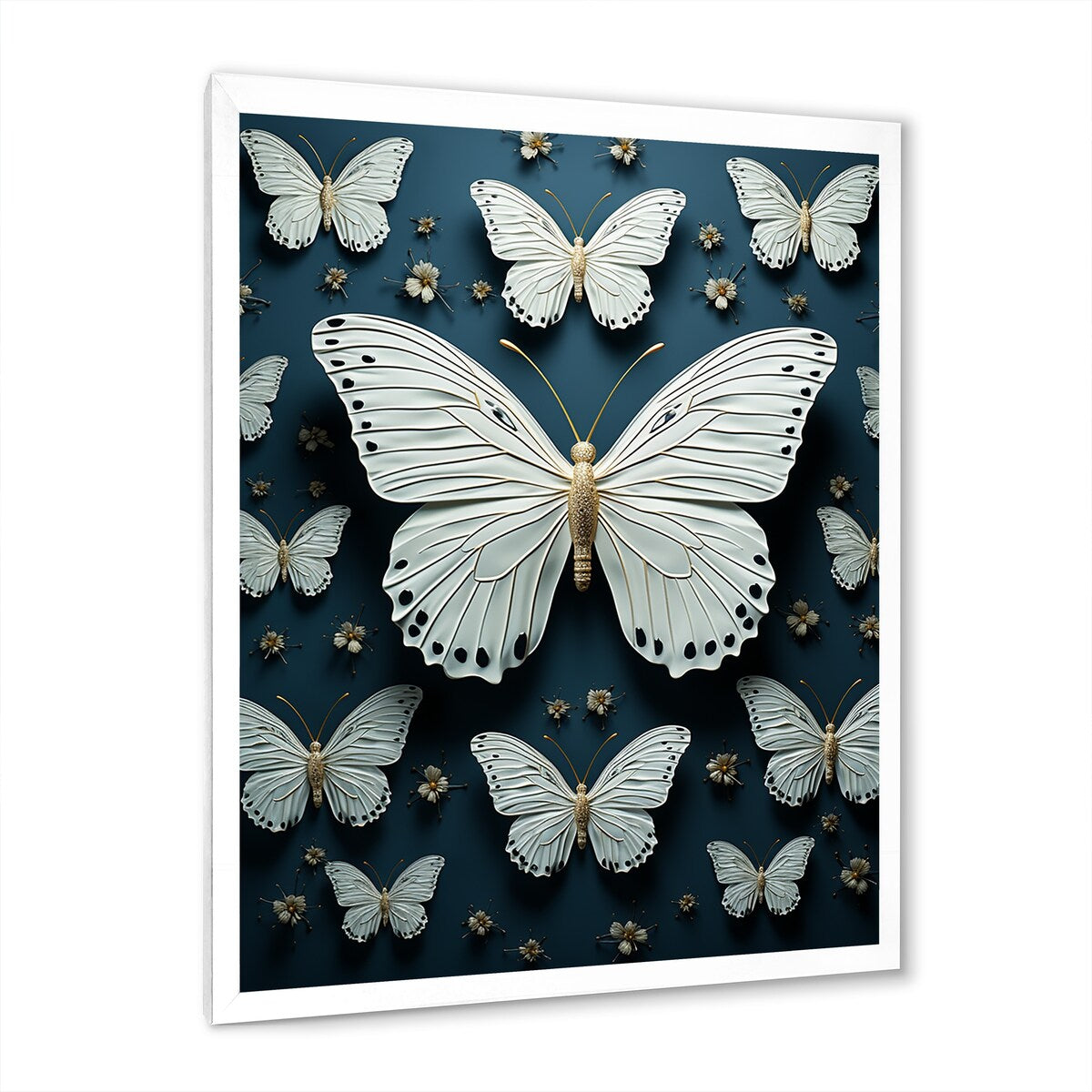 Designart "White Black Butterfly Fluttering Wings Butterflies" Animals Butterfly Framed Wall Decor