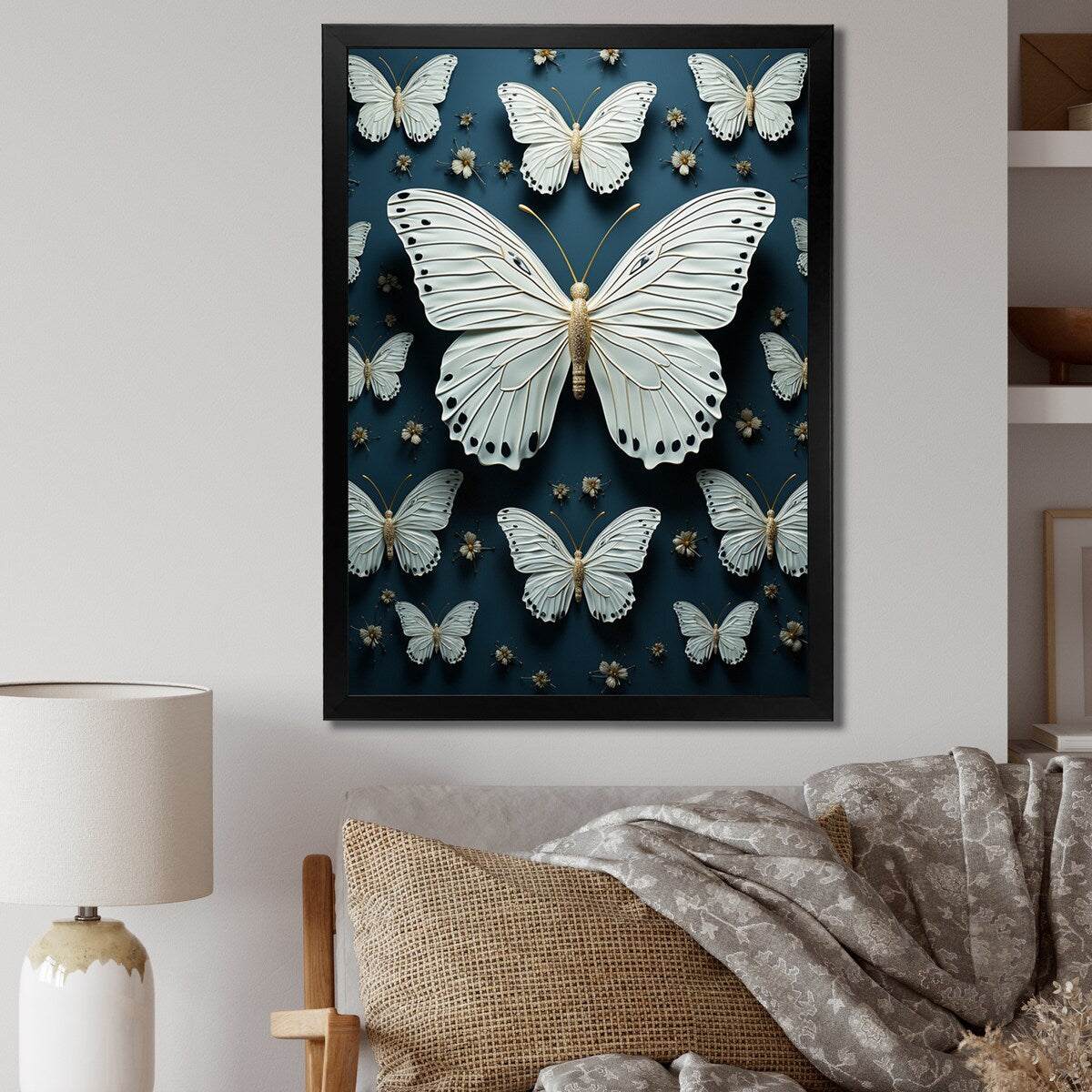 Designart "White Black Butterfly Fluttering Wings Butterflies" Animals Butterfly Framed Wall Decor