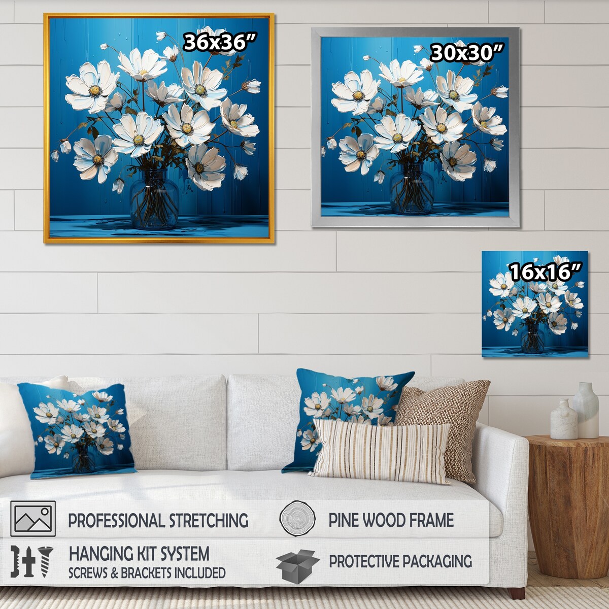 Designart "White Blue Flowers Quirky I" Flowers Wall Art