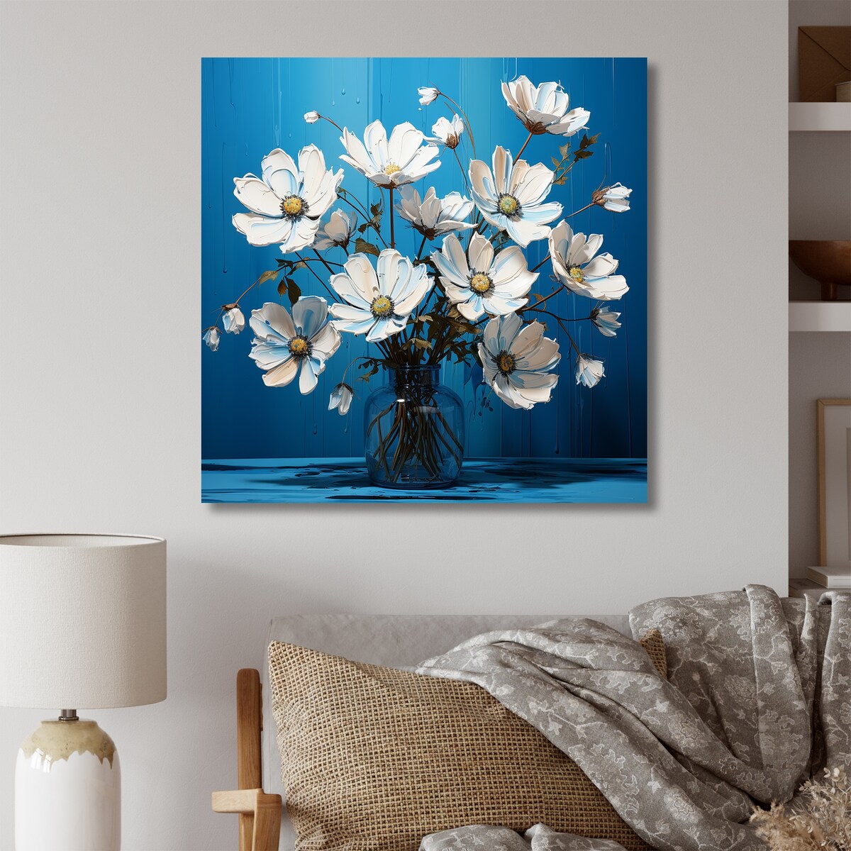 Designart "White Blue Flowers Quirky I" Flowers Wall Art