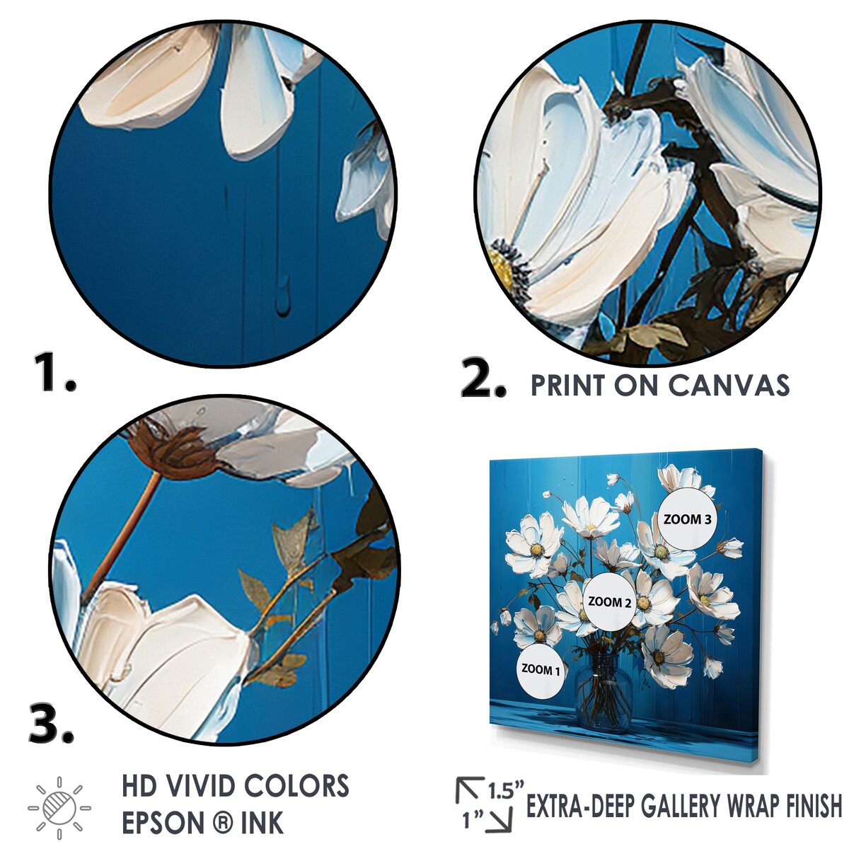 Designart "White Blue Flowers Quirky I" Flowers Wall Art