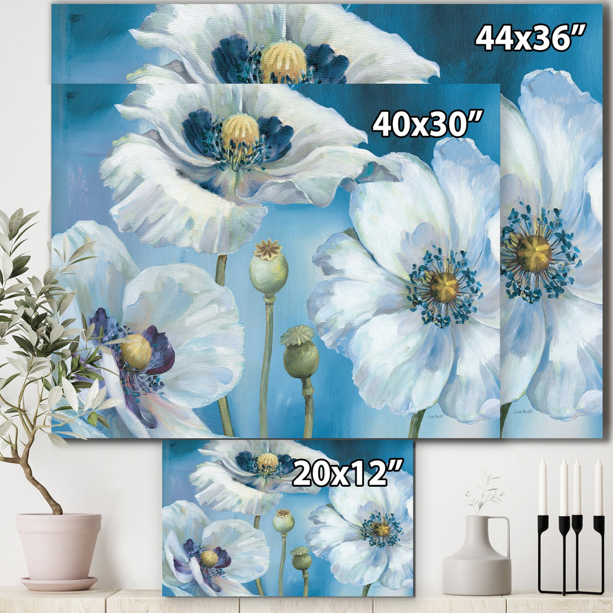 Designart "White Flower on Blue II" Farmhouse Premium Canvas Wall Art