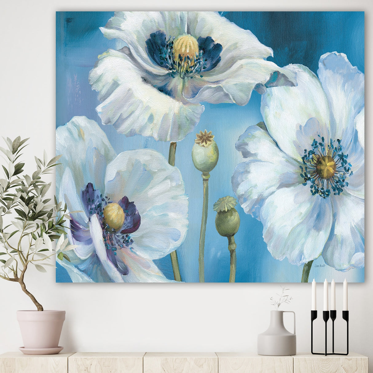 Designart "White Flower on Blue II" Farmhouse Premium Canvas Wall Art
