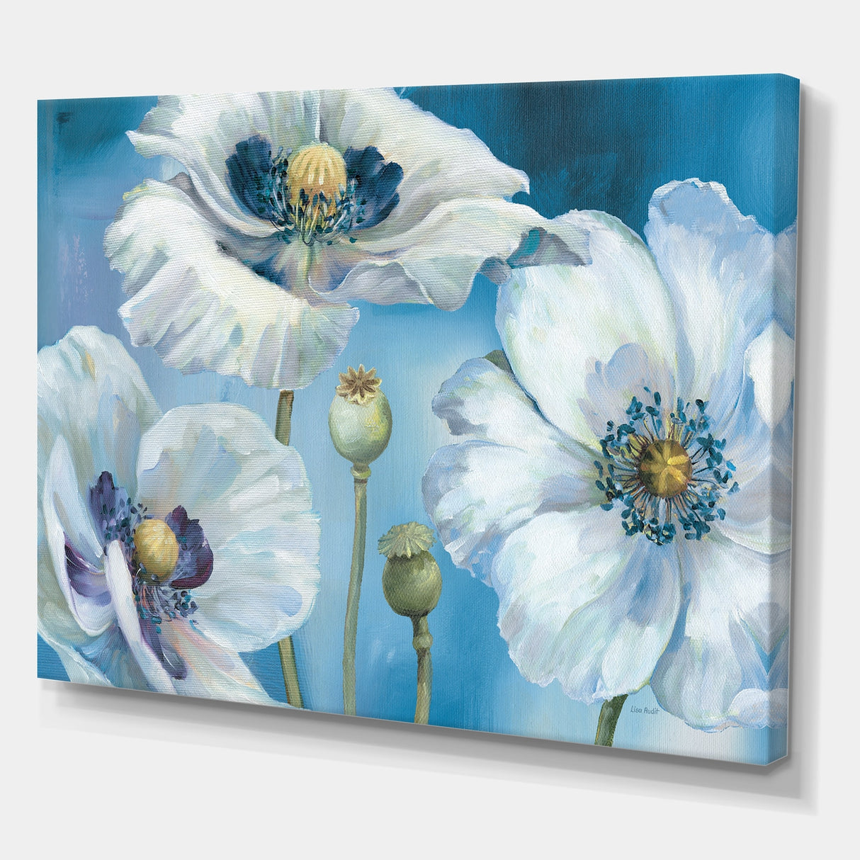 Designart "White Flower on Blue II" Farmhouse Premium Canvas Wall Art