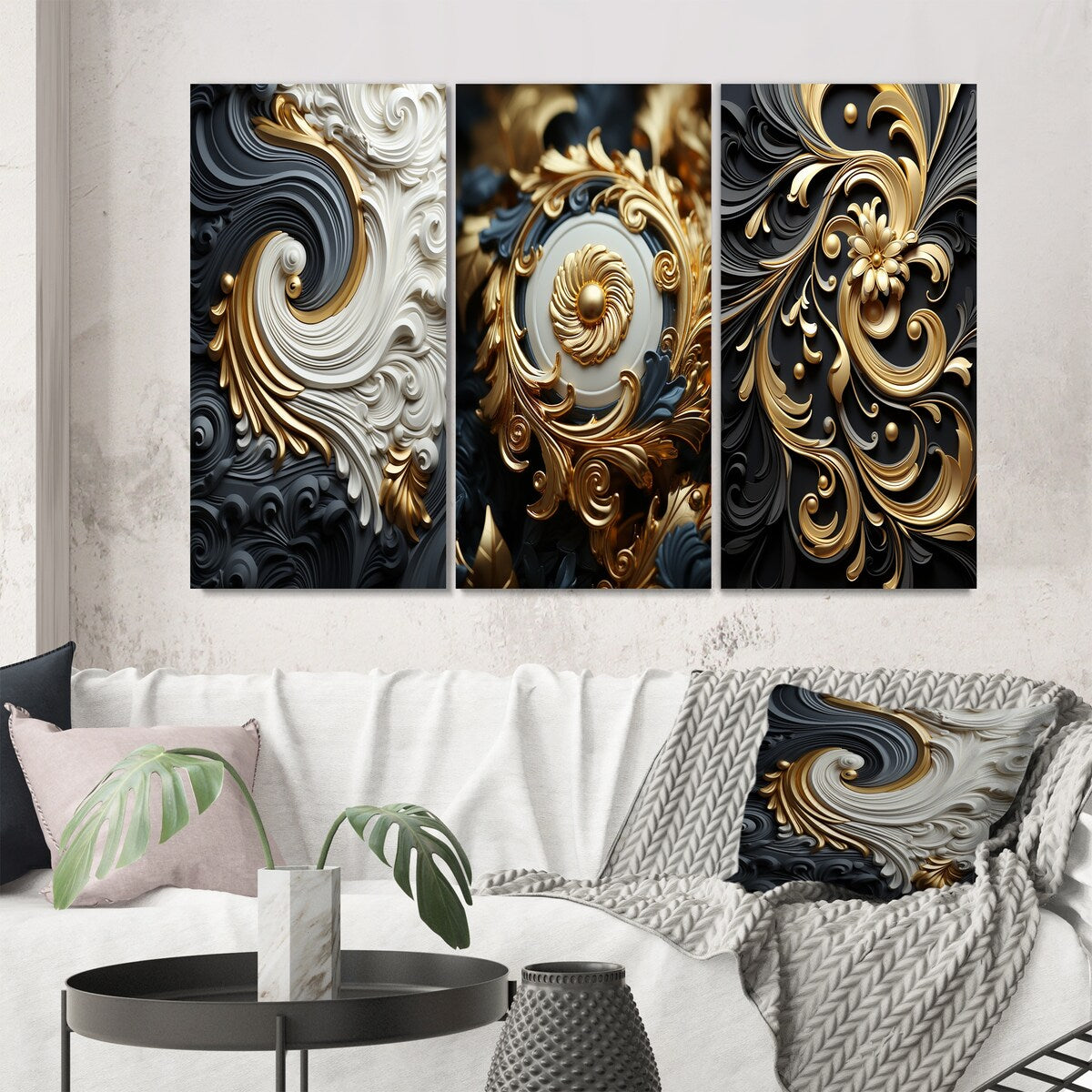 Designart "White Gold And Black Ornamental Liquid Spiral" Abstract Spirals Canvas Set Of 3 - For Living Room Decor