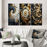 Designart "White Gold And Black Ornamental Liquid Spiral" Abstract Spirals Canvas Set Of 3 - For Living Room Decor
