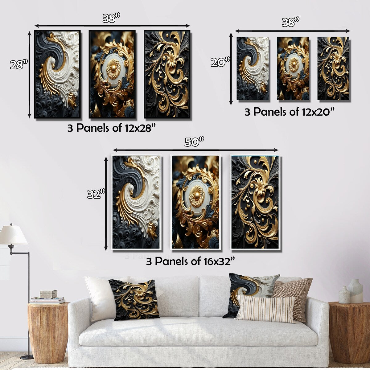 Designart "White Gold And Black Ornamental Liquid Spiral" Abstract Spirals Canvas Set Of 3 - For Living Room Decor