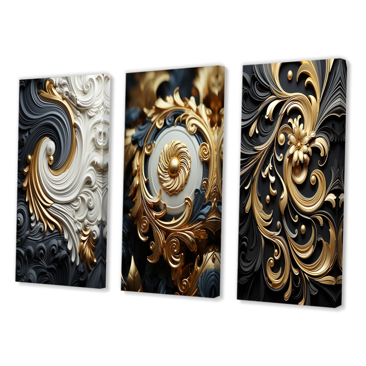 Designart "White Gold And Black Ornamental Liquid Spiral" Abstract Spirals Canvas Set Of 3 - For Living Room Decor