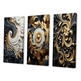 Designart "White Gold And Black Ornamental Liquid Spiral" Abstract Spirals Canvas Set Of 3 - For Living Room Decor