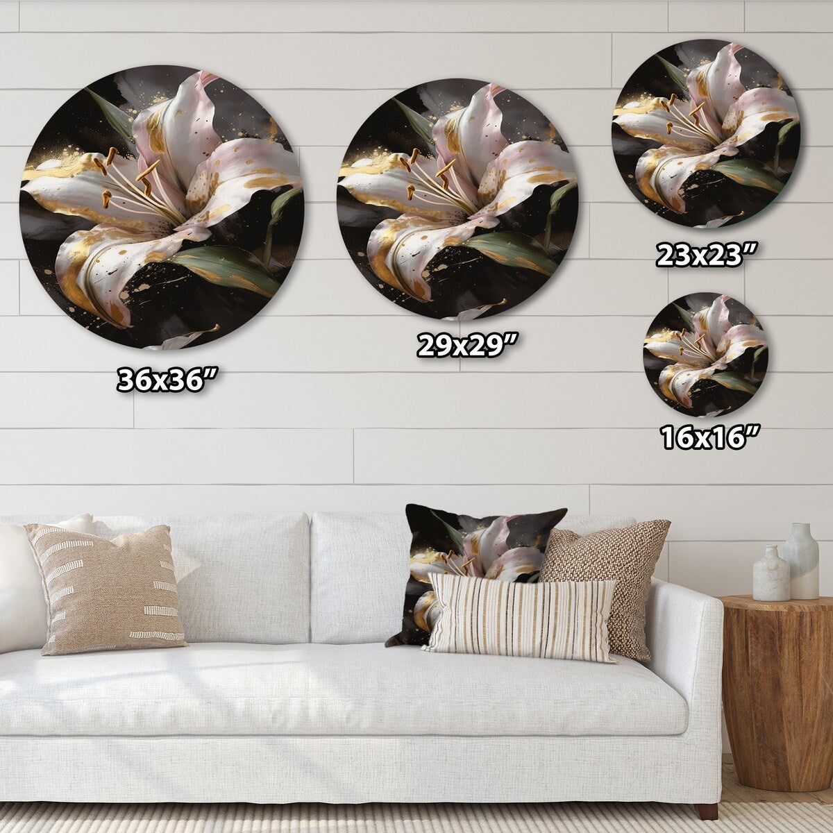 Designart "White Graceful Lilies III" Floral Lily Metal Round Wall Art