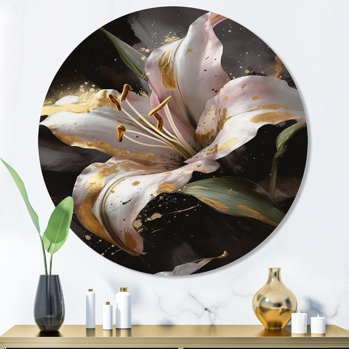 Designart "White Graceful Lilies III" Floral Lily Metal Round Wall Art