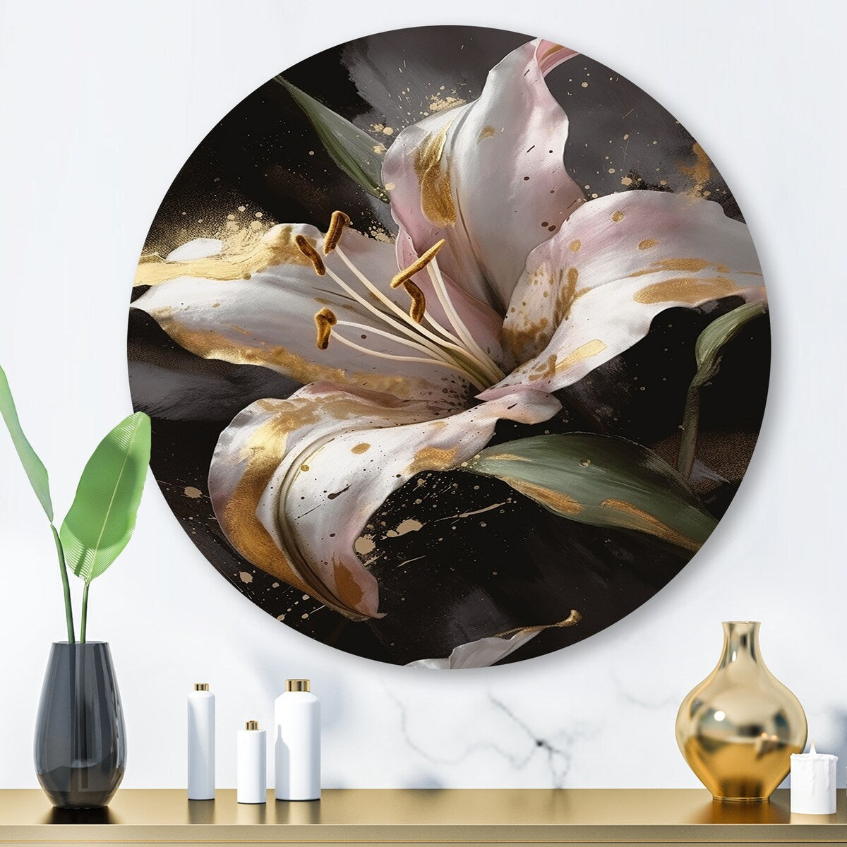 Designart "White Graceful Lilies III" Floral Lily Metal Round Wall Art