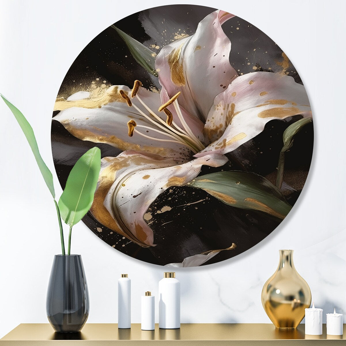 Designart "White Graceful Lilies III" Floral Lily Metal Round Wall Art
