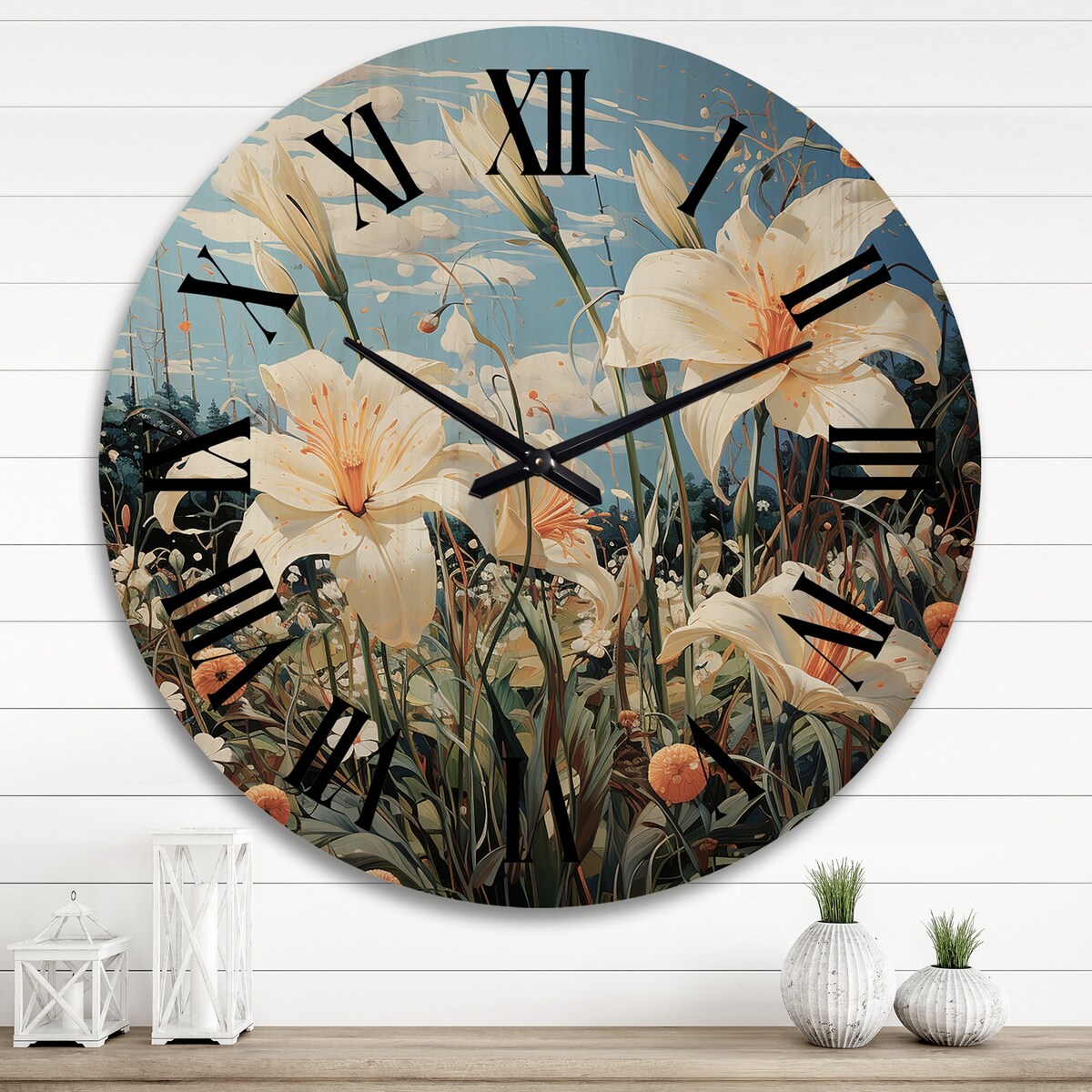 Designart "White Green Lilies Dreams" Floral Oversized Wood Wall Clock