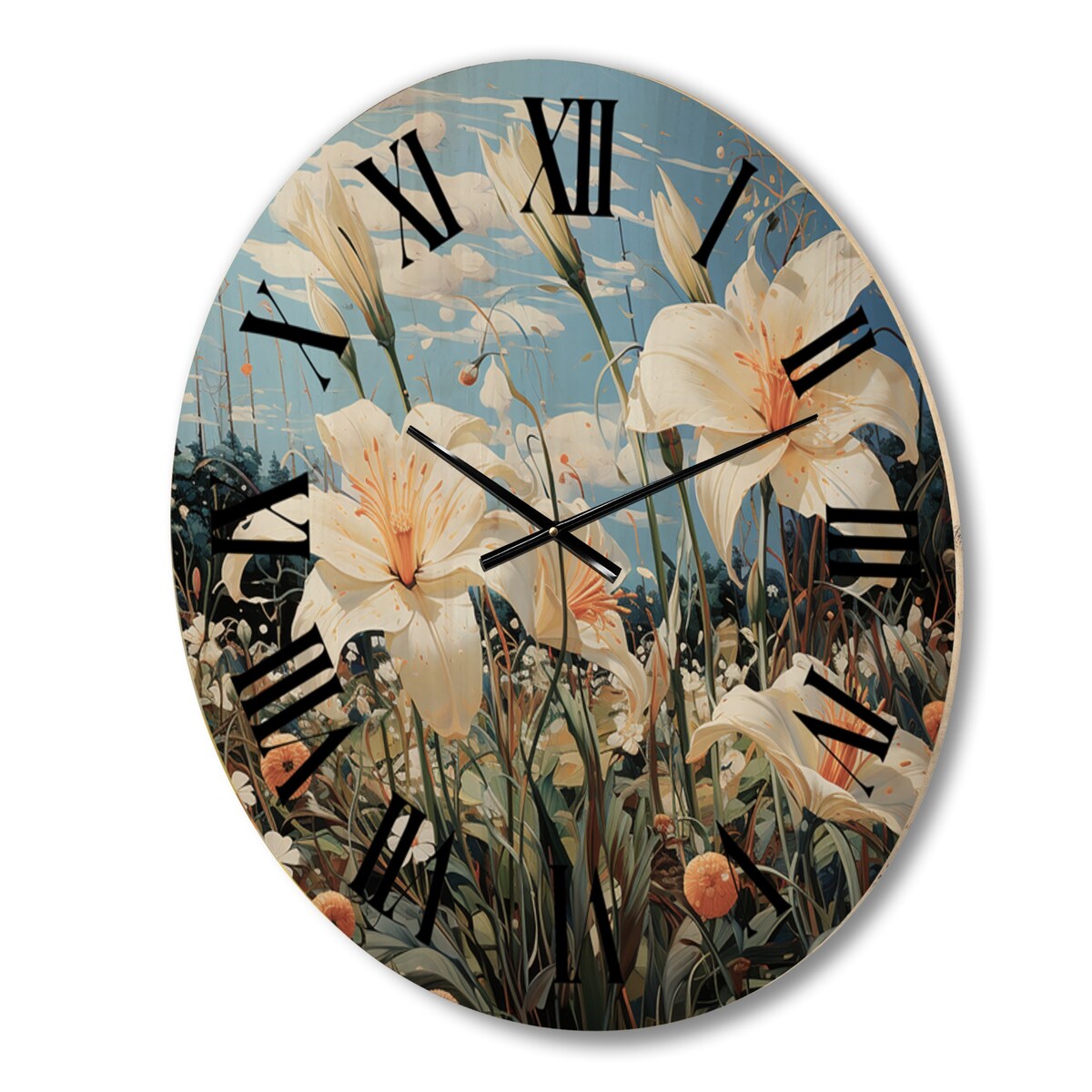 Designart "White Green Lilies Dreams" Floral Oversized Wood Wall Clock