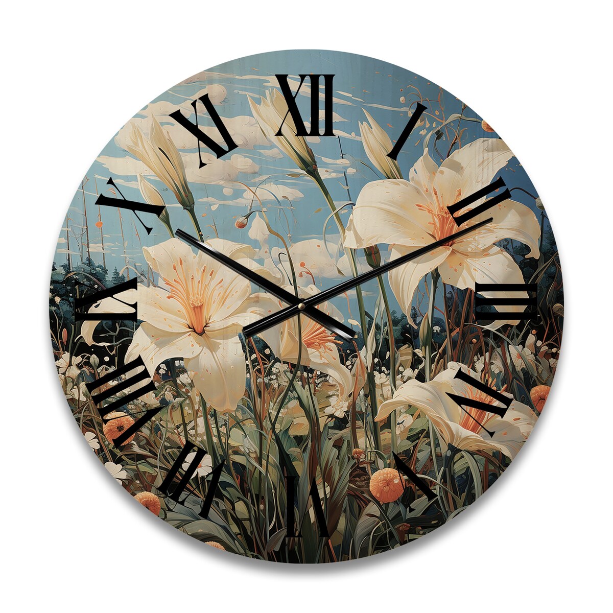 Designart "White Green Lilies Dreams" Floral Oversized Wood Wall Clock