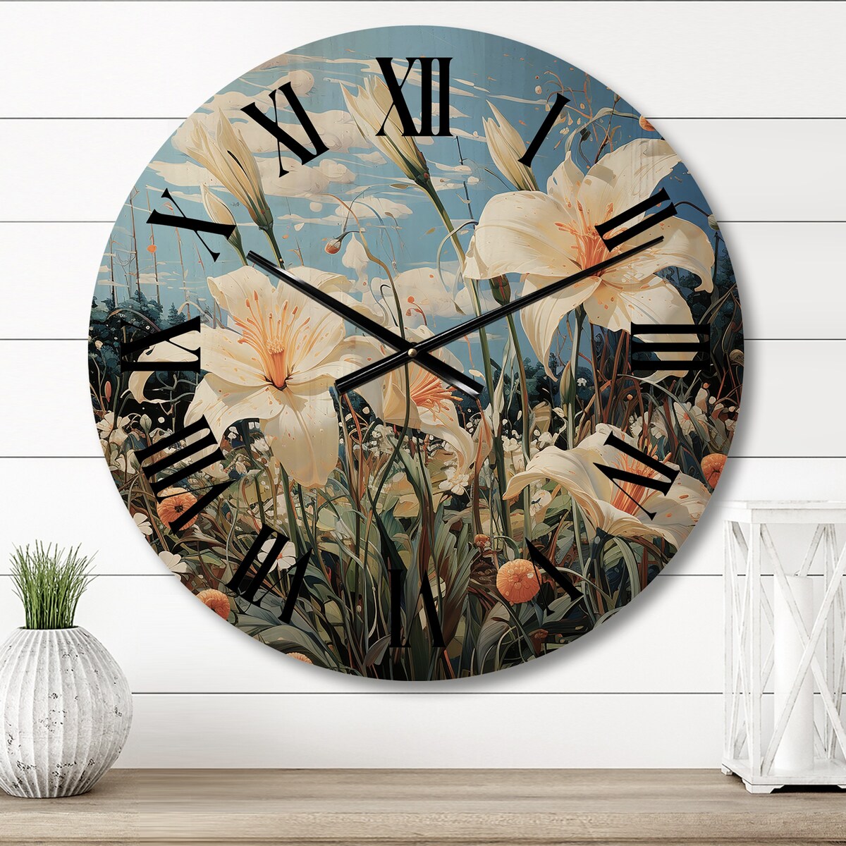 Designart "White Green Lilies Dreams" Floral Oversized Wood Wall Clock