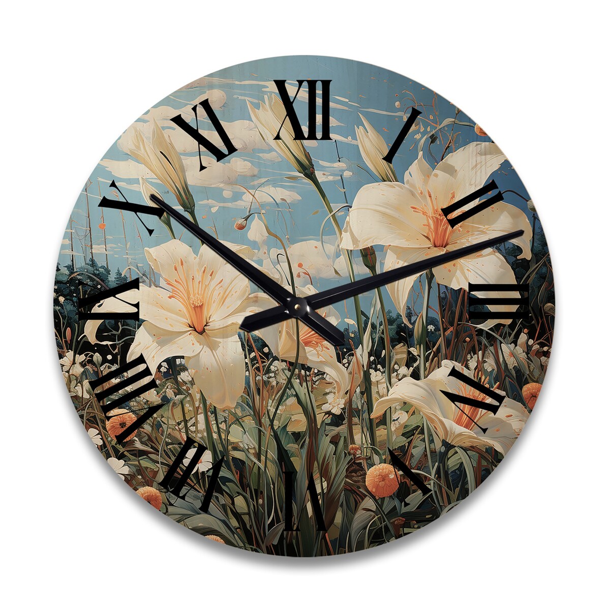 Designart "White Green Lilies Dreams" Floral Oversized Wood Wall Clock