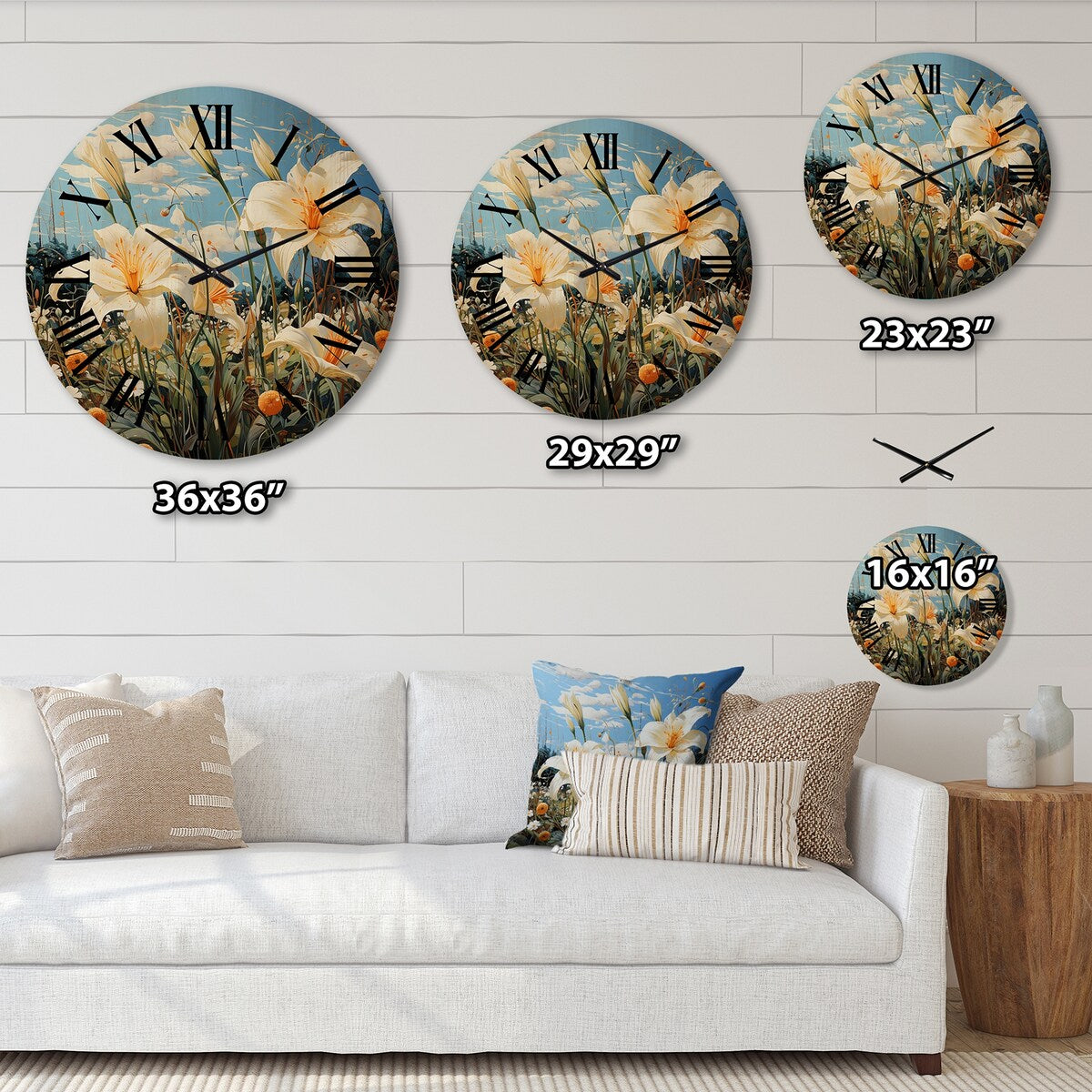Designart "White Green Lilies Dreams" Floral Oversized Wood Wall Clock