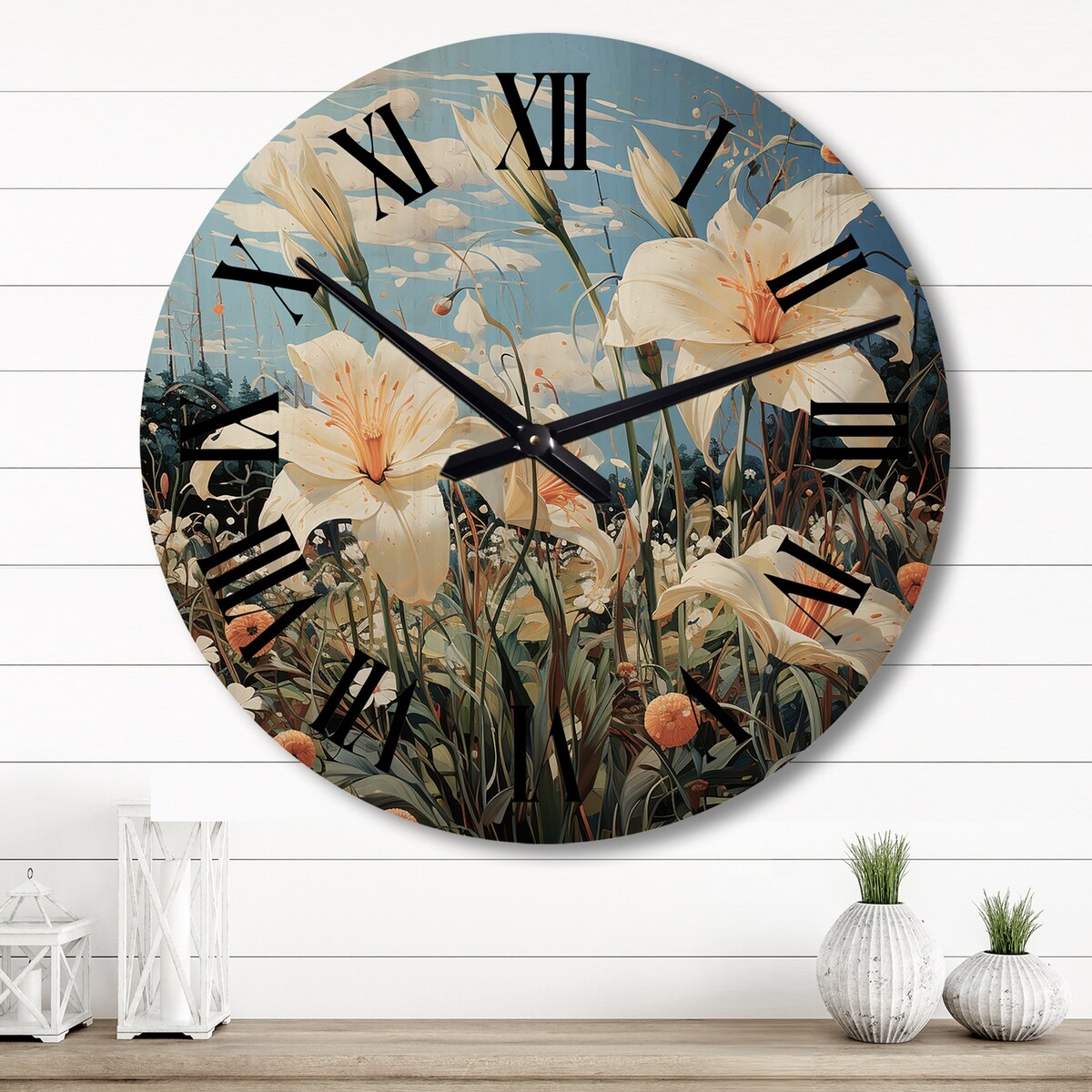 Designart "White Green Lilies Dreams" Floral Oversized Wood Wall Clock