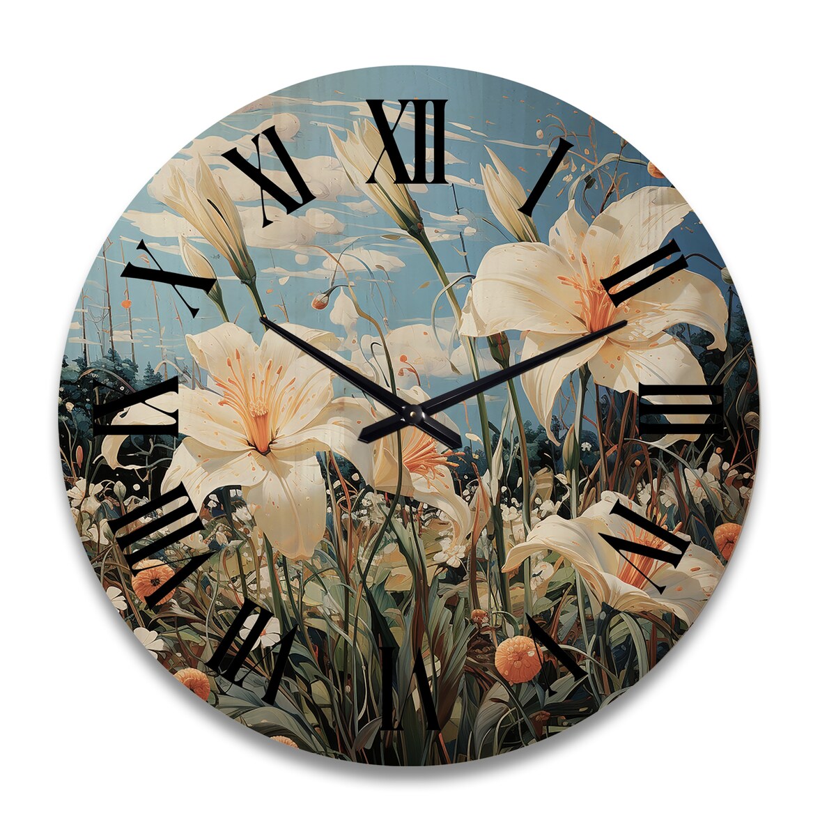 Designart "White Green Lilies Dreams" Floral Oversized Wood Wall Clock