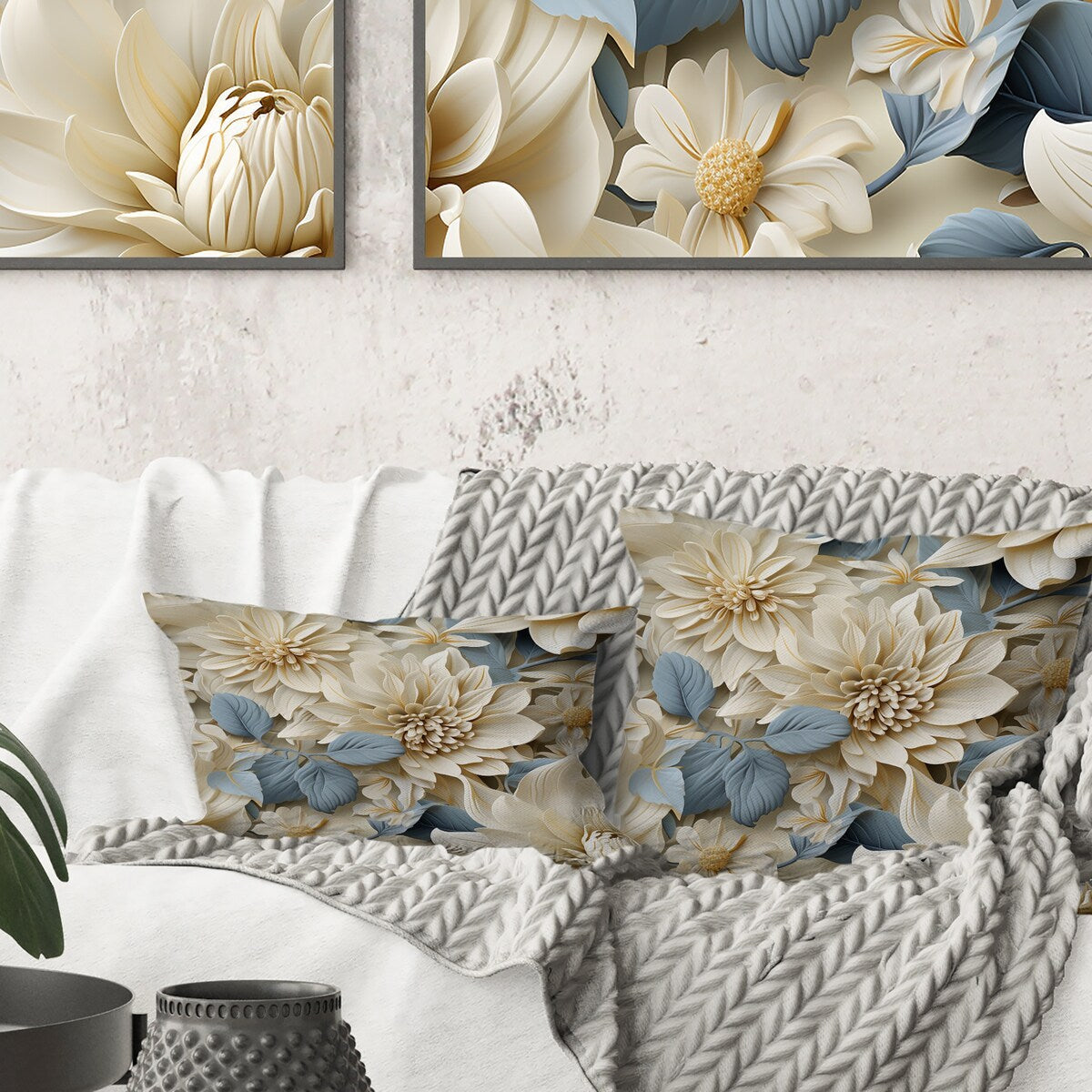 Designart "White Mandalas Chrysanthemum Boho Pattern" Floral Printed Throw Pillow