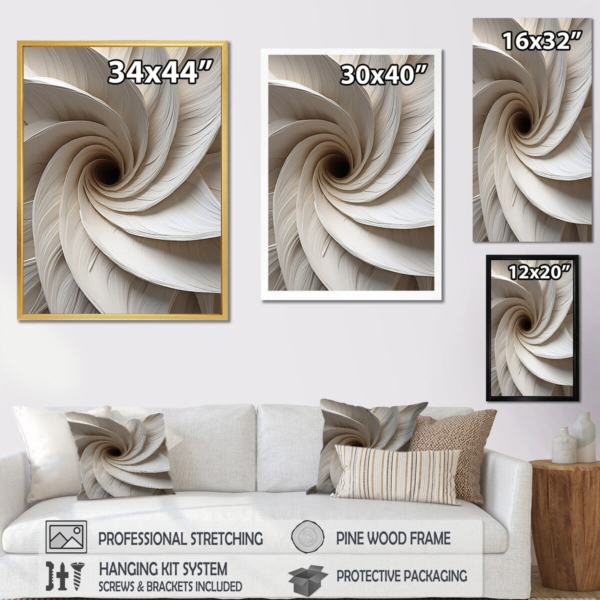 Designart "White Minimalism Spiral Poteries " Abstract Spirals Framed Canvas Art Print