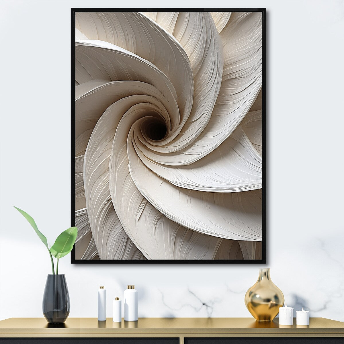 Designart "White Minimalism Spiral Poteries " Abstract Spirals Framed Canvas Art Print
