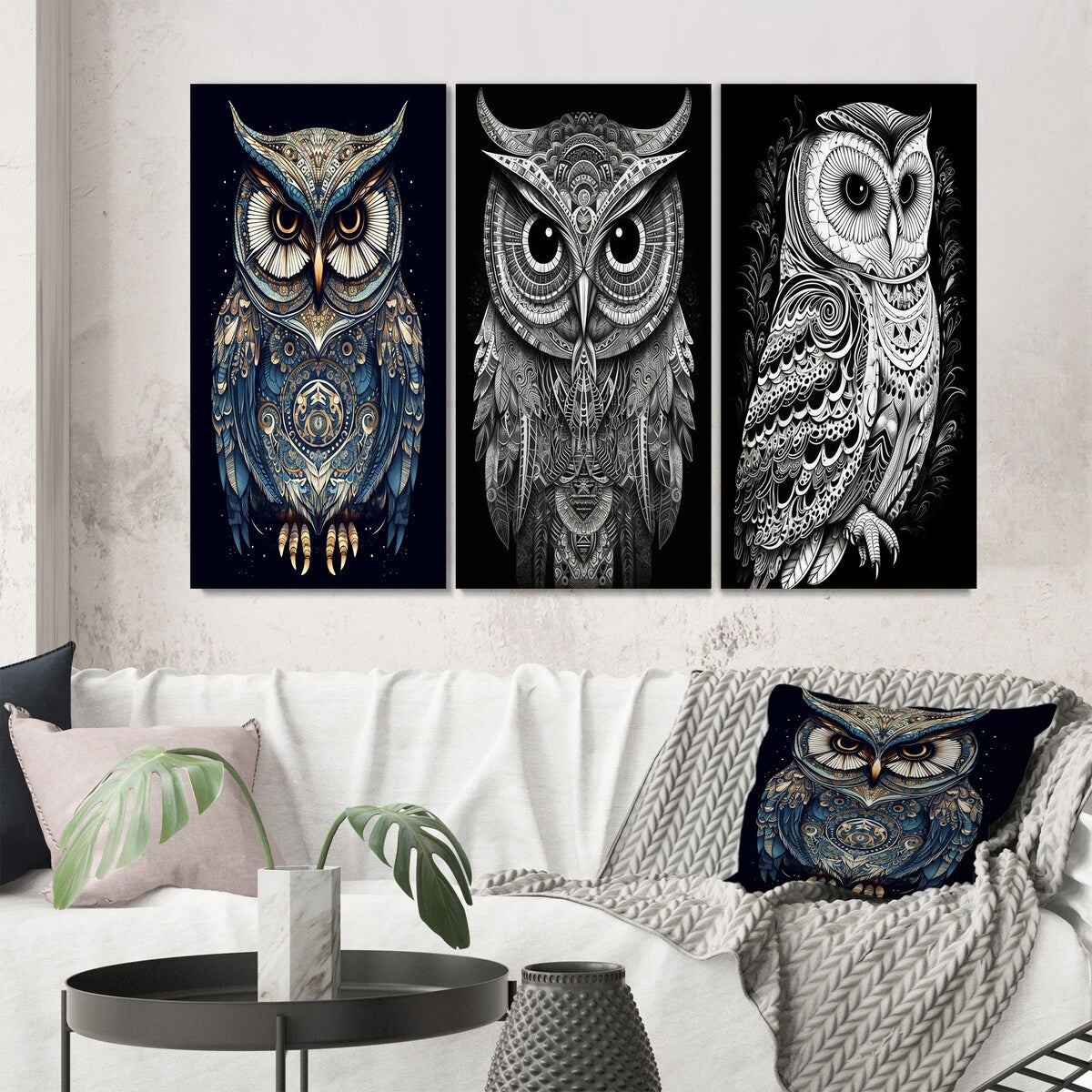 Designart "White Owl Magic" Animals Owl Wall Art Set Of 3 - Children's Art Printed Art Set For Bedroom