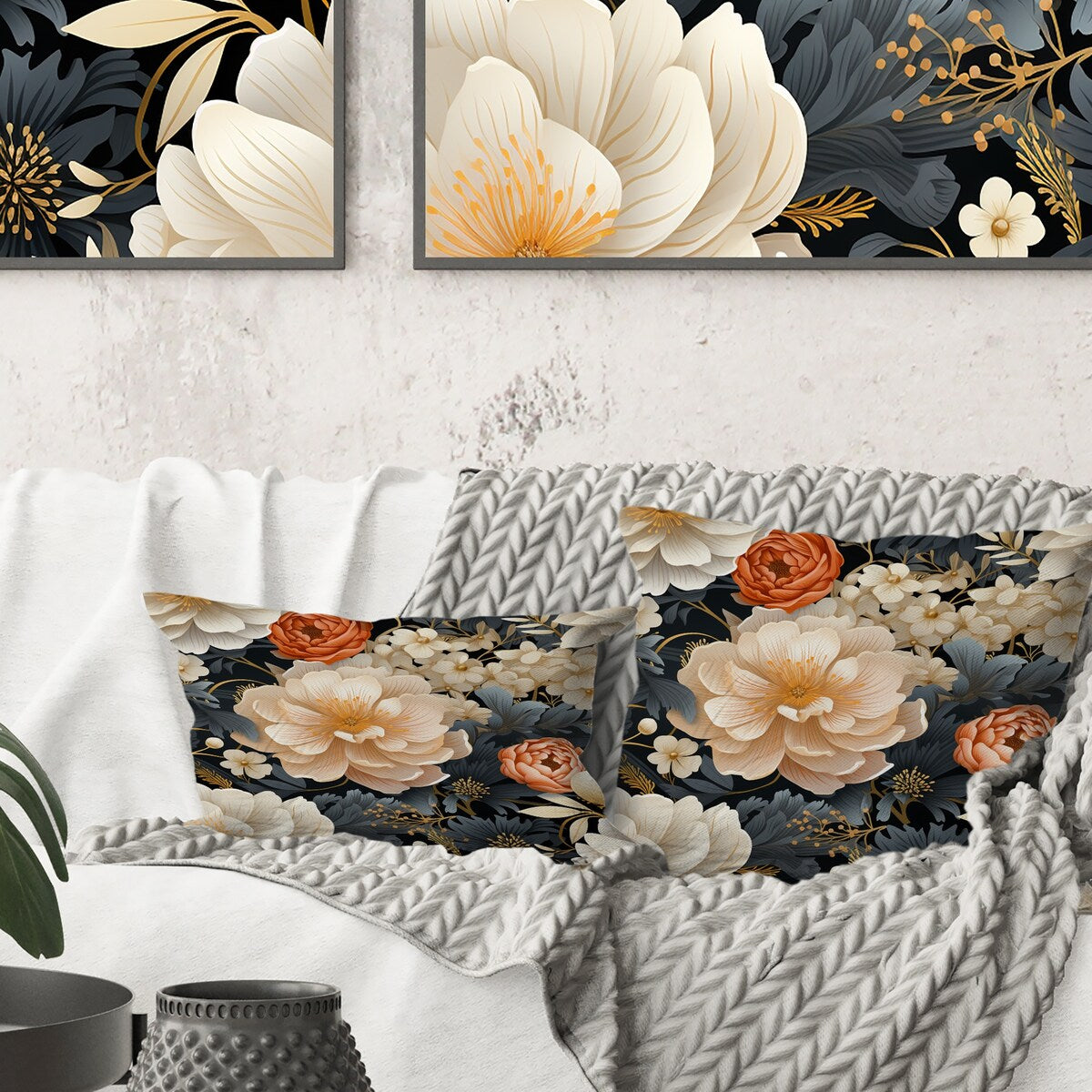 Designart "White Peonies Cottage Collage" Floral Printed Throw Pillow