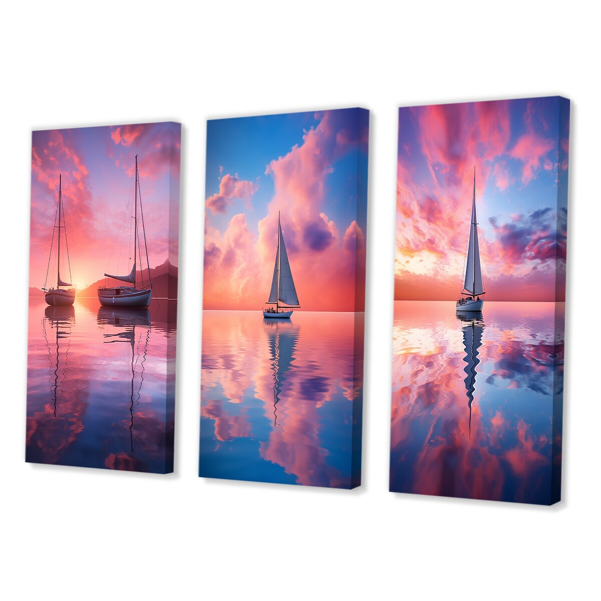 Designart "White Sailboat Pink Blue Sunset Reflection I" Boat Wall Art Set Of 3 Modern Canvas Set For Living Room Decor