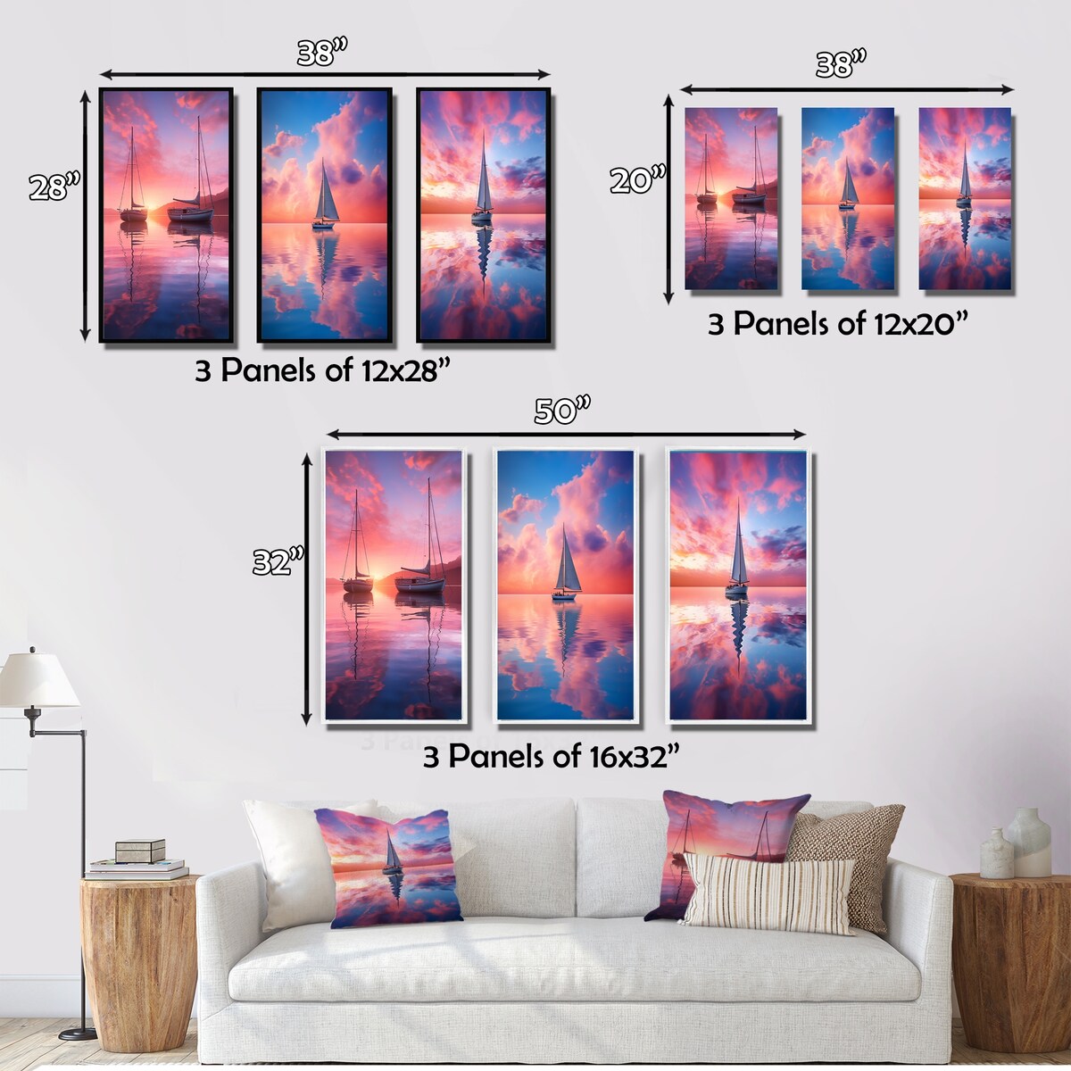 Designart "White Sailboat Pink Blue Sunset Reflection I" Boat Wall Art Set Of 3 Modern Canvas Set For Living Room Decor