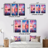 Designart "White Sailboat Pink Blue Sunset Reflection I" Boat Wall Art Set Of 3 Modern Canvas Set For Living Room Decor