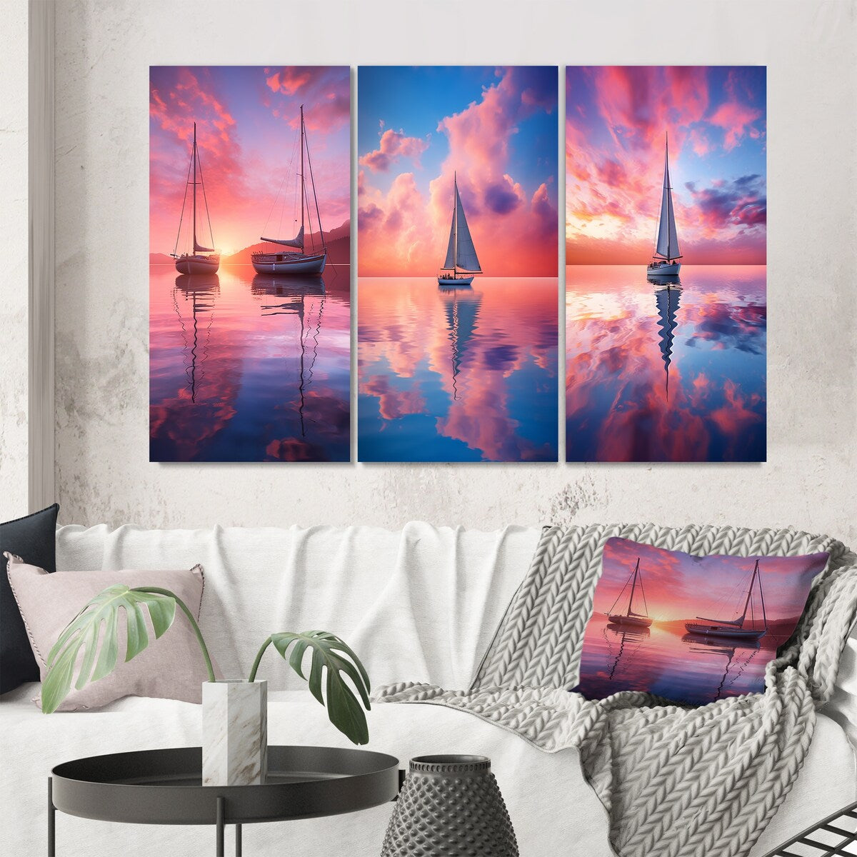 Designart "White Sailboat Pink Blue Sunset Reflection I" Boat Wall Art Set Of 3 Modern Canvas Set For Living Room Decor