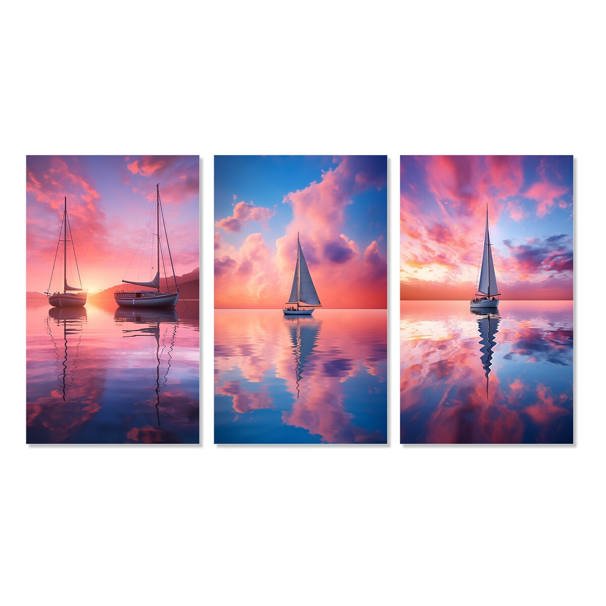 Designart "White Sailboat Pink Blue Sunset Reflection I" Boat Wall Art Set Of 3 Modern Canvas Set For Living Room Decor