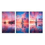 Designart "White Sailboat Pink Blue Sunset Reflection I" Boat Wall Art Set Of 3 Modern Canvas Set For Living Room Decor