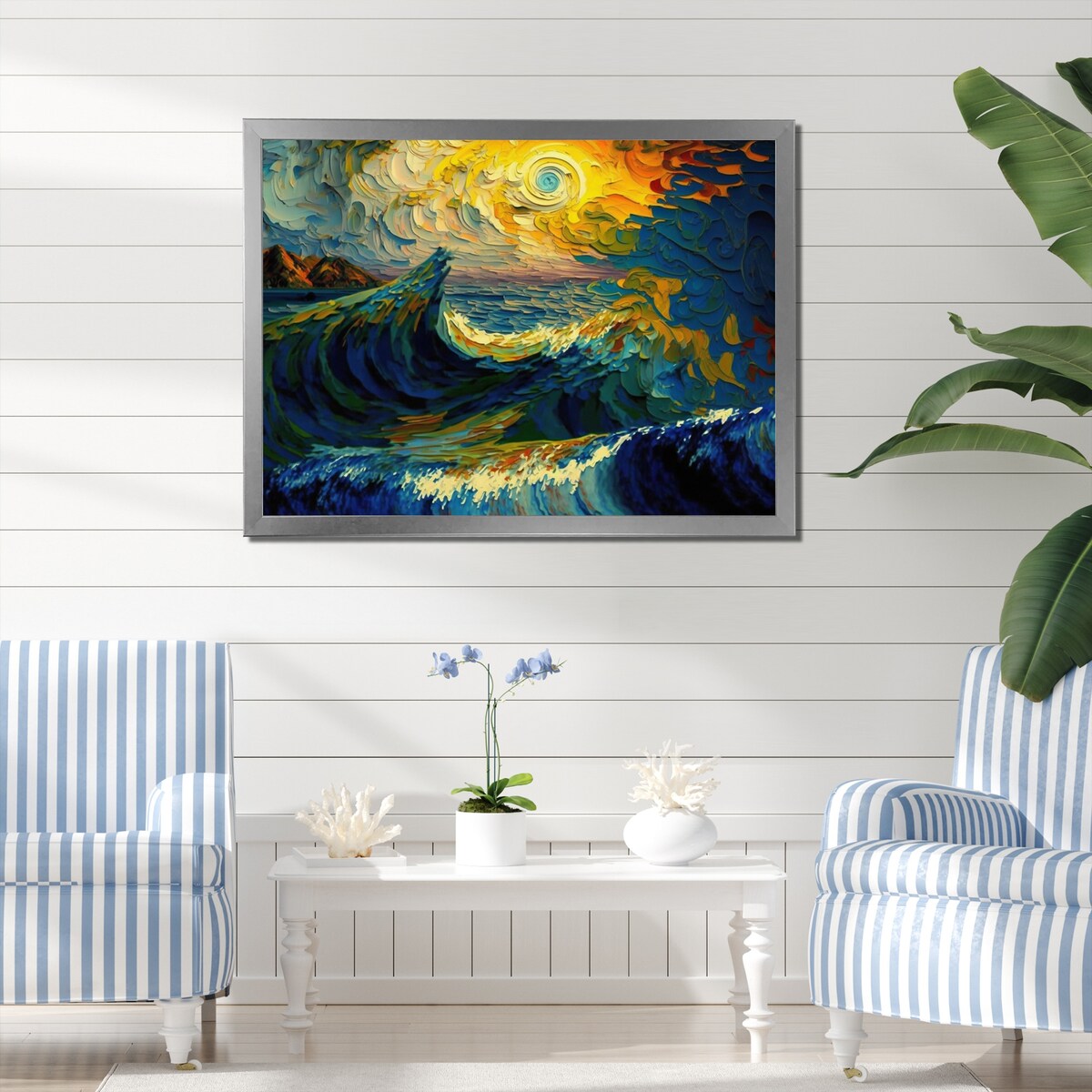 Designart "Wild Waves Breaking In The Sunset I" Coastal Waves Framed Wall Art Prints