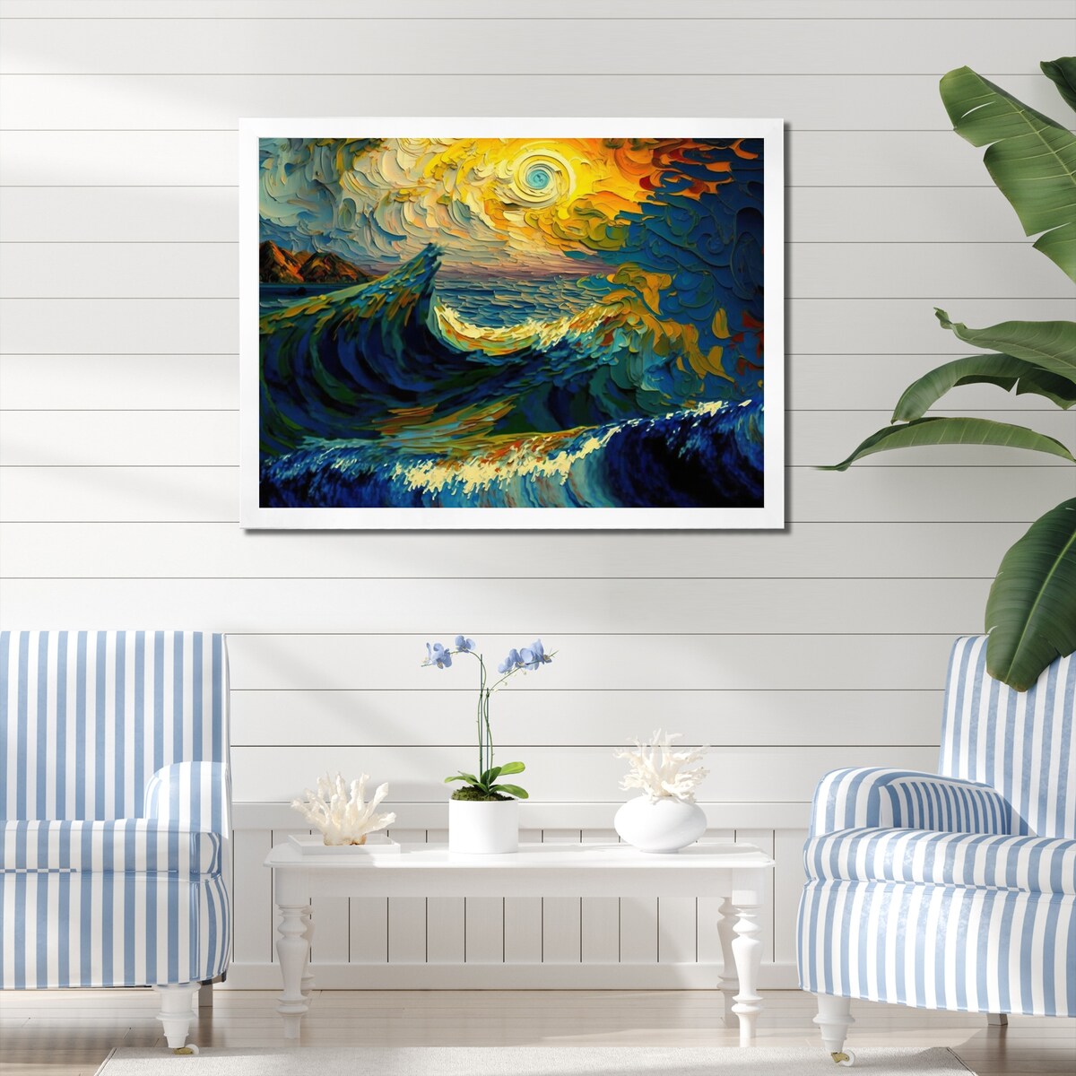 Designart "Wild Waves Breaking In The Sunset I" Coastal Waves Framed Wall Art Prints