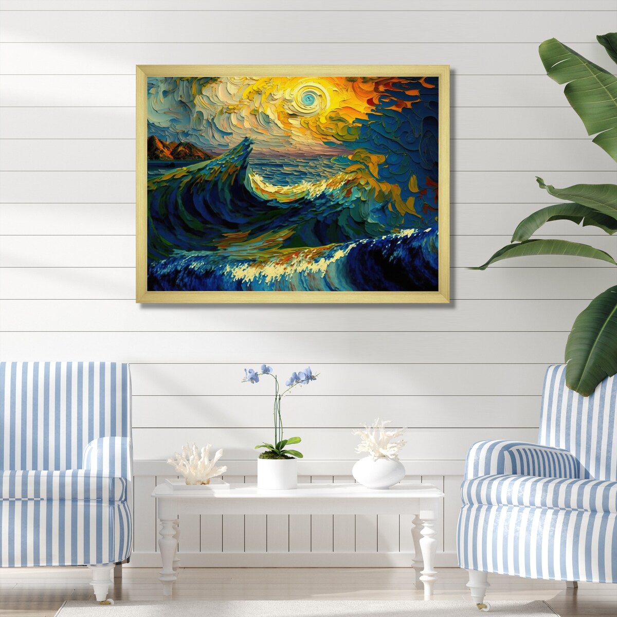Designart "Wild Waves Breaking In The Sunset I" Coastal Waves Framed Wall Art Prints