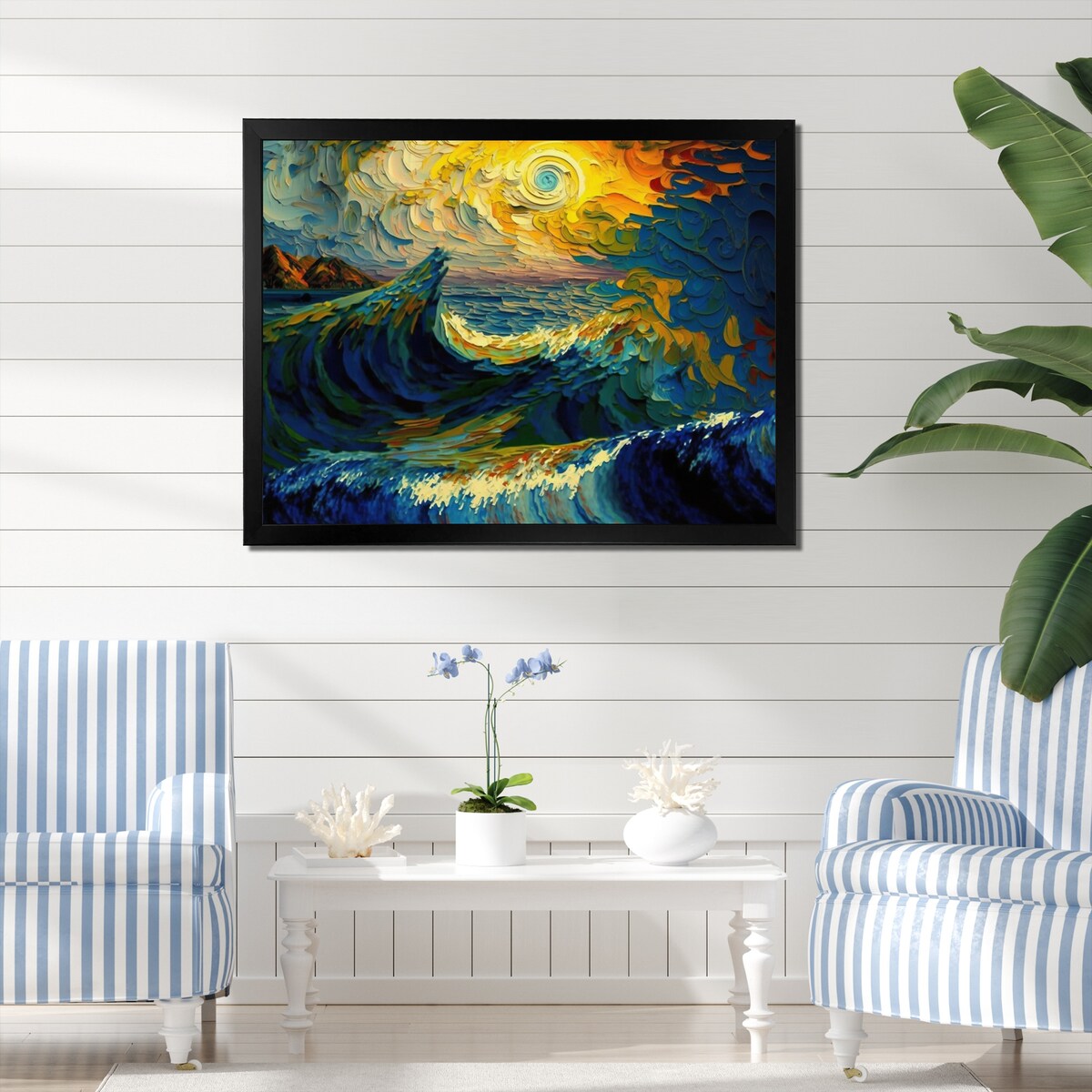 Designart "Wild Waves Breaking In The Sunset I" Coastal Waves Framed Wall Art Prints