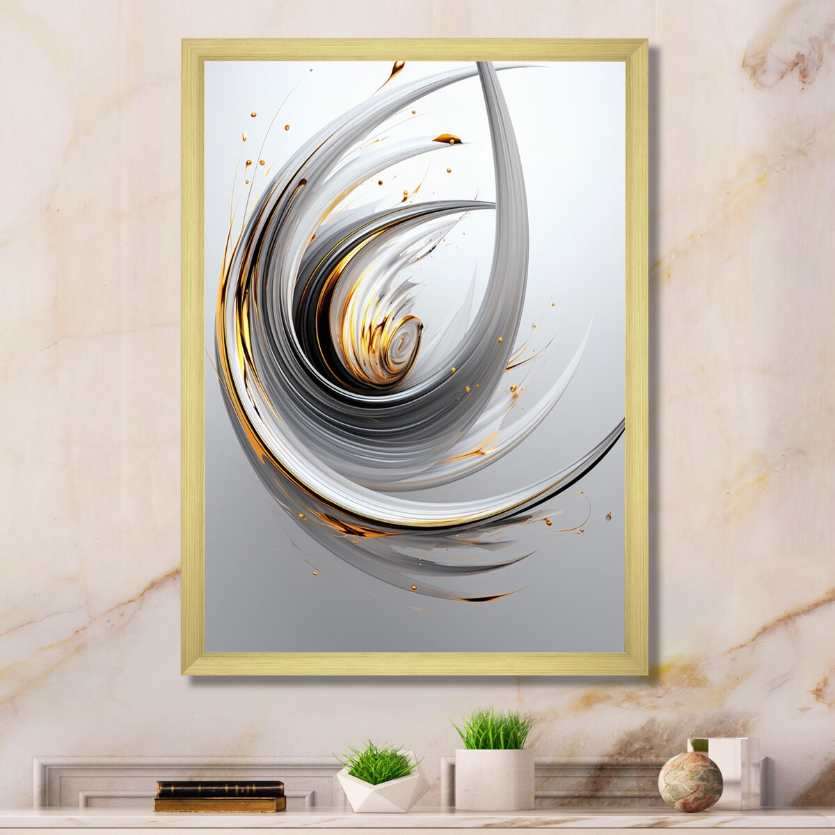 Designart "Wilderness of Ambition White Minimal Swirl" Abstract Shapes Framed Wall Art Living Room
