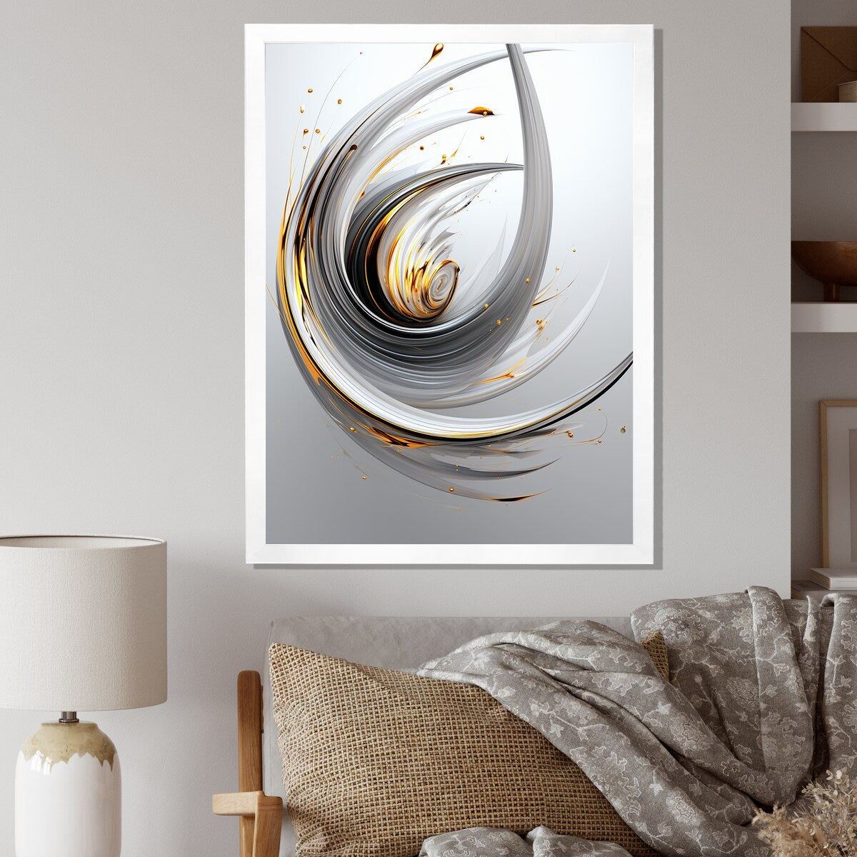 Designart "Wilderness of Ambition White Minimal Swirl" Abstract Shapes Framed Wall Art Living Room