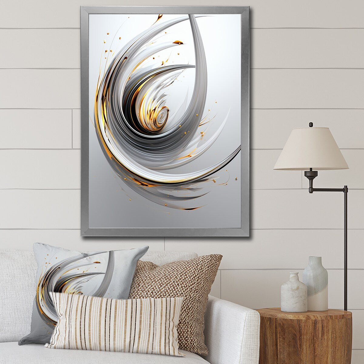 Designart "Wilderness of Ambition White Minimal Swirl" Abstract Shapes Framed Wall Art Living Room