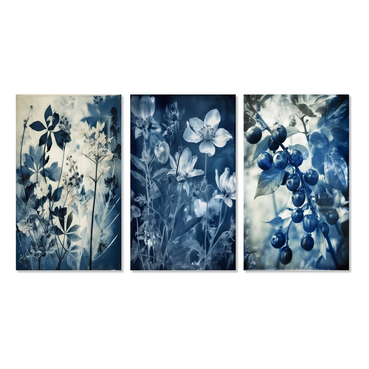 Designart "Wildflowers In Meadow Blue Vintage Botanical II" Flowers Blue - Gallery Set Of 3 For Office Decor