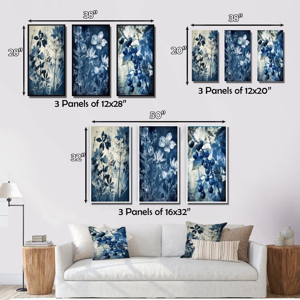 Designart "Wildflowers In Meadow Blue Vintage Botanical II" Flowers Blue - Gallery Set Of 3 For Office Decor