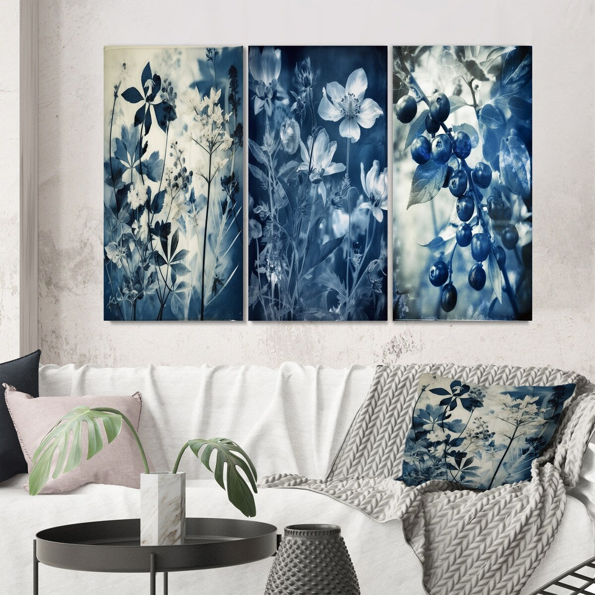 Designart "Wildflowers In Meadow Blue Vintage Botanical II" Flowers Blue - Gallery Set Of 3 For Office Decor