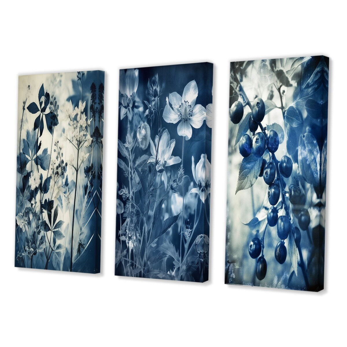 Designart "Wildflowers In Meadow Blue Vintage Botanical II" Flowers Blue - Gallery Set Of 3 For Office Decor