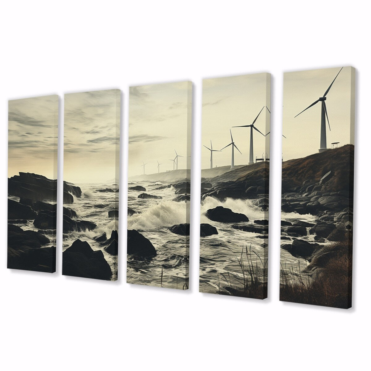 Designart "Wind Turbines Monochrome Coastal Harvest" Landscapes Multipanel Canvas Print set